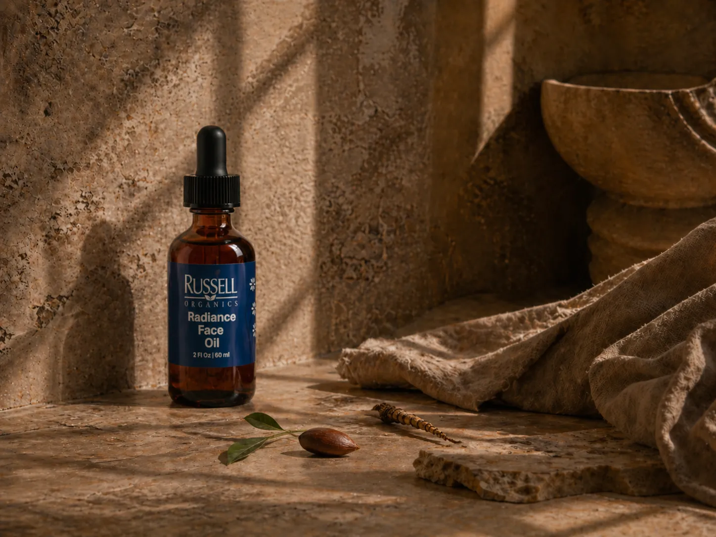 A Russell Organics face oil bottle on a stone ledge beside a cloth, a leaf and a dried seed