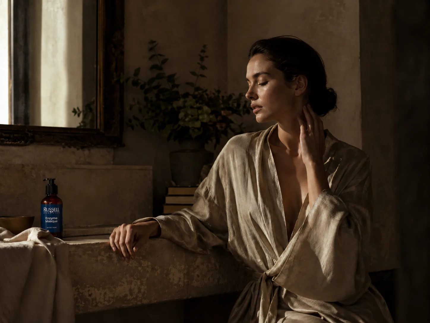 A woman in a robe seated by a stone ledge in a softly lit room, a Russell Organics bottle behind her